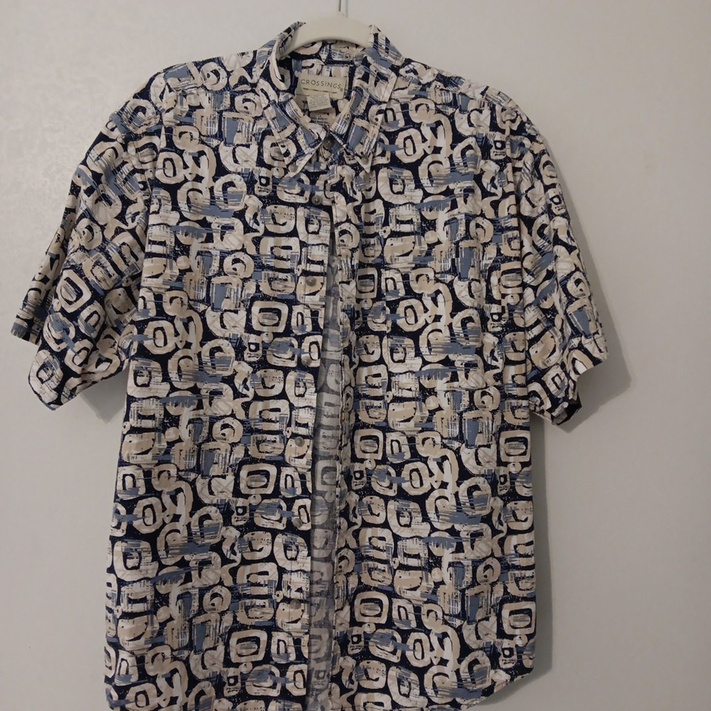 Crossings Button Down Men's Short Sleeve Shirt‎ XL  Blue/Tan/Black/White Pattern